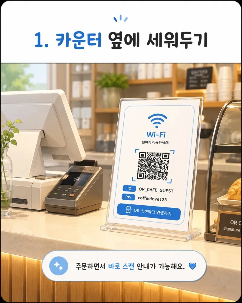 계산대·리셉션 옆에 둔 와이파이 QR 안내문